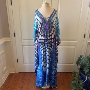 Beaded V-Neck Blue & Teal Printed Maxi Dress